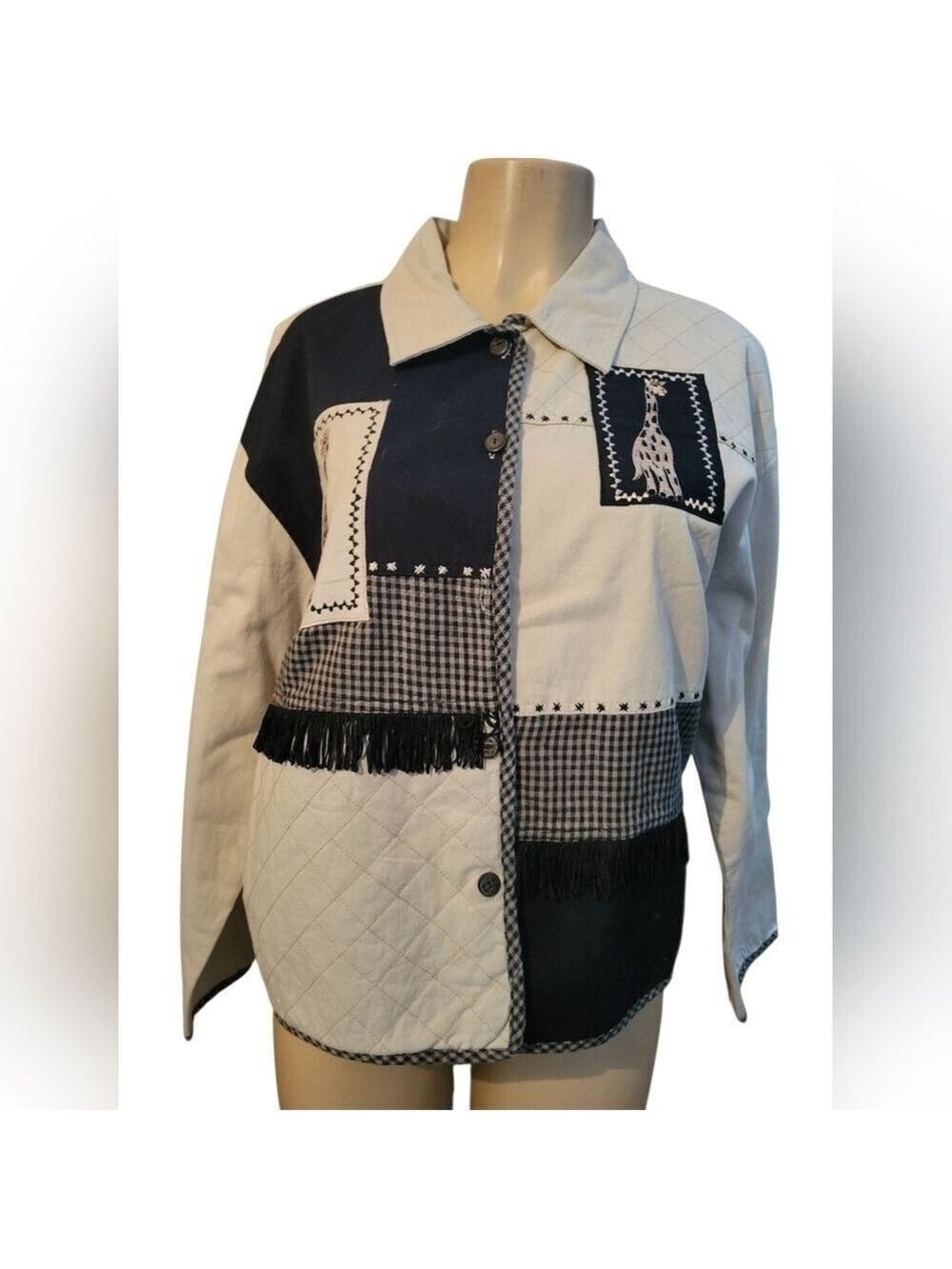 Life Style Giraffe Patchwork Jacket with Fringe Large Safari